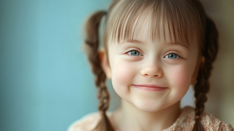 Portrait of smiling laughing girl child with Down syndrome